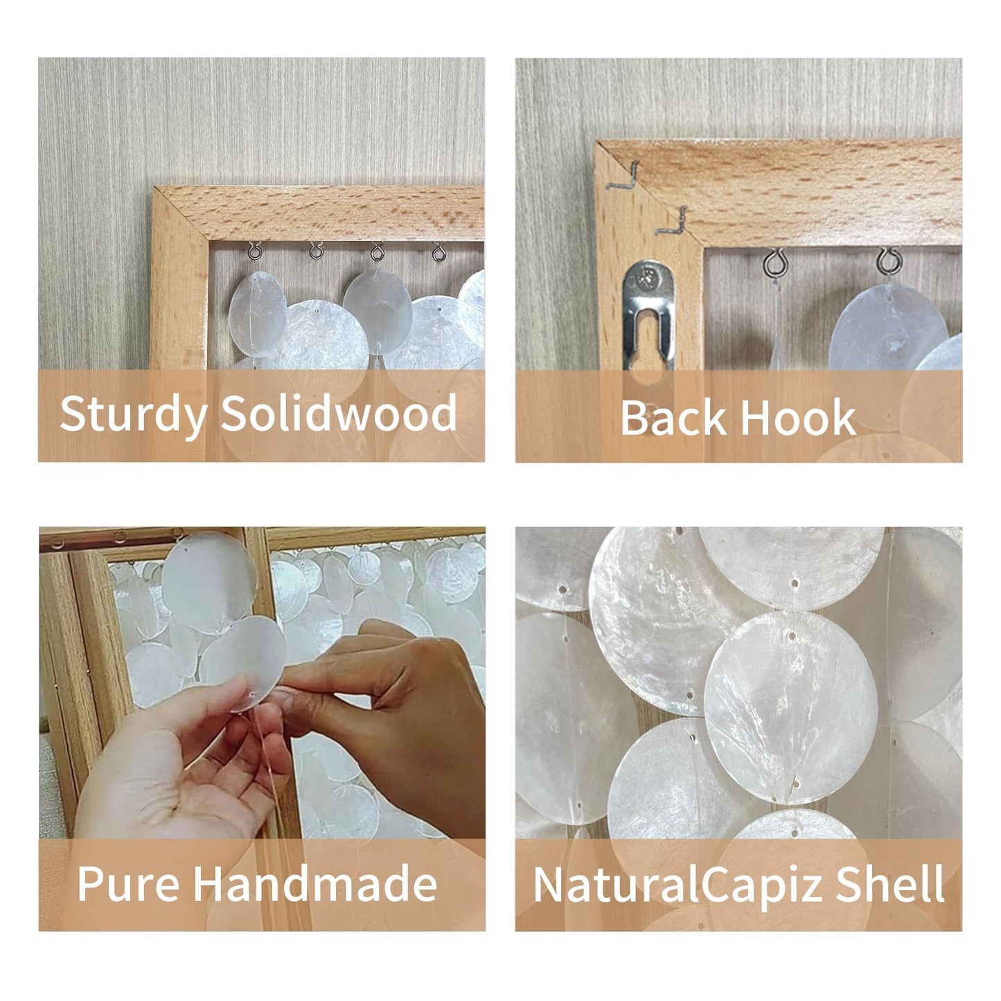 Vechor Handmade 24"x15.7" Capiz Shell Wall Art, Coastal Beach Décor，Solid Wood Frame, Natural White Seashell Hanging for Living Room, Bedroom, Office
