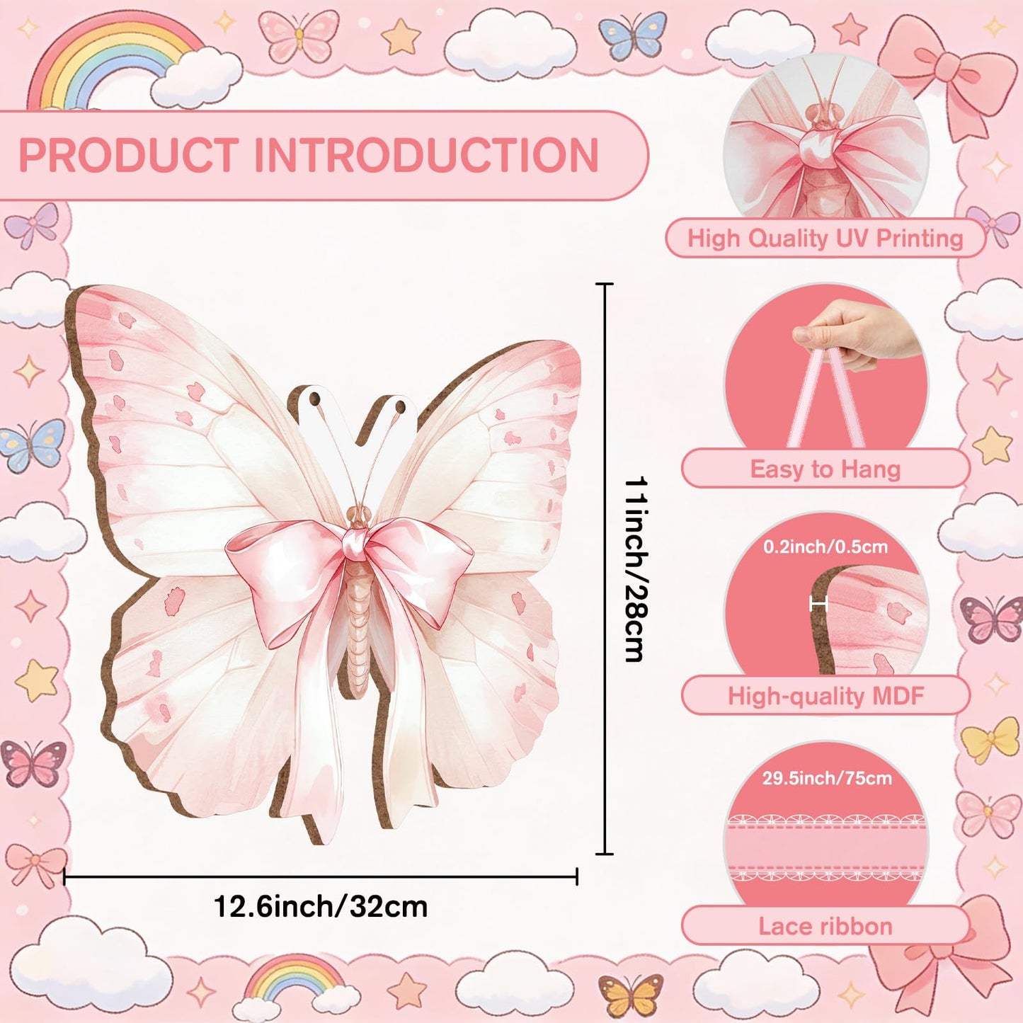KHJCXS Double Sided Pink Purple Butterfly Wooden Hanging Wall Sign, Cute Coquette Girly Bows Wall Art Decor for Teen Girls Kids Preppy Nursery, College, Bedroom, Dorm, 12.6" × 11.8"