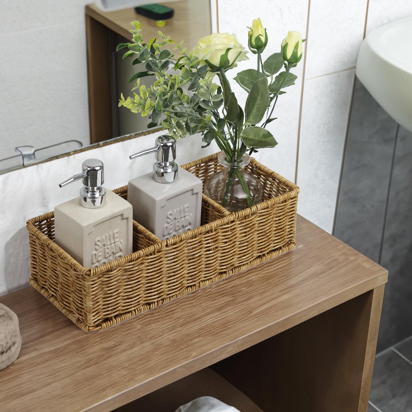 Waterproof Wicker Basket With 3 Compartments, Hand Woven Bathroom Counter Organizer, Small Storage Basket for Toilet Paper Storage, Countertop Shelf Toilet Tank (Light Brown)