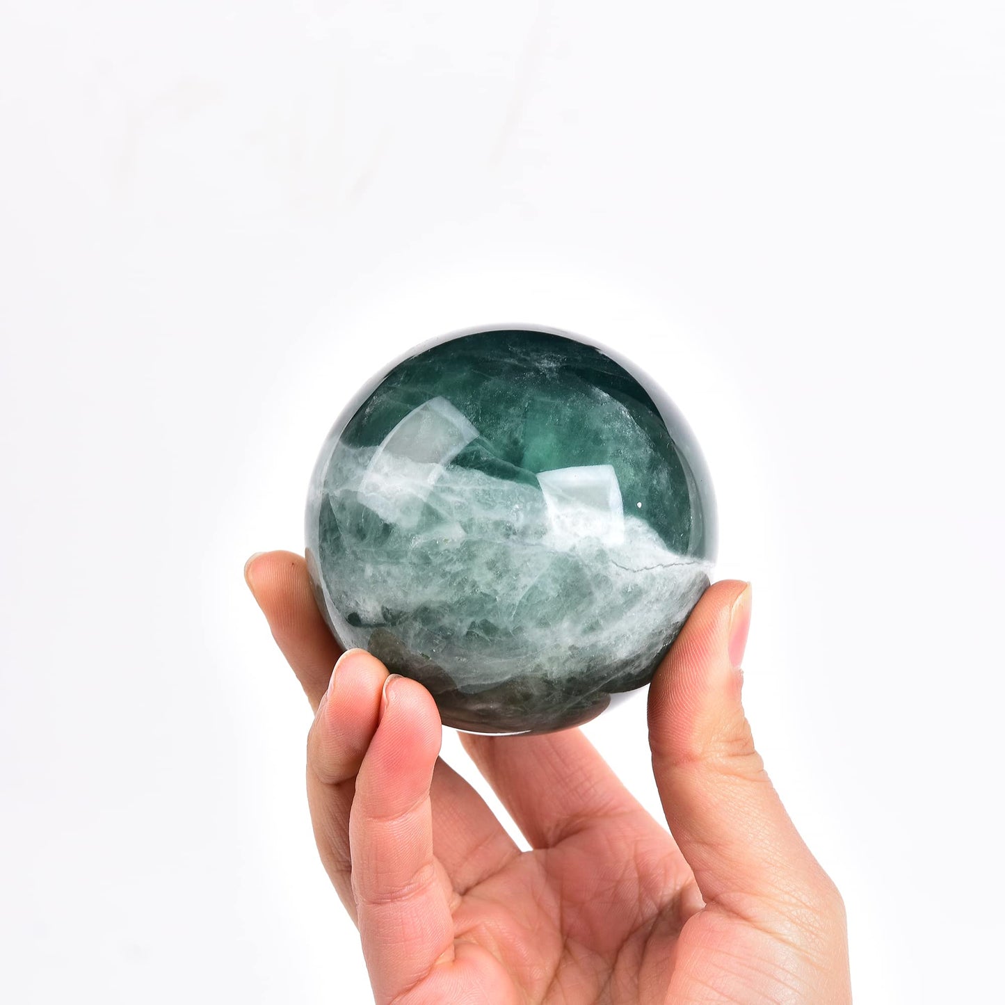 JIC Gem Natural Green Fluorite Quartz Crystal Ball Sphere Healing Crystal Sphere Decorative Ball with Wooden Stand Home Decoration Christmas Day Gifts (70-80mm)