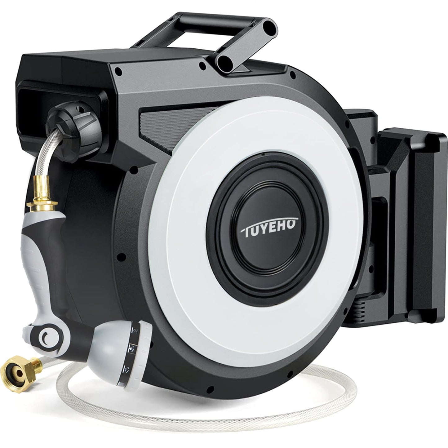 Tuyeho Retractable Garden Hose Reel 130 FT, Wall Mount Heavy Duty Water Hose Reels with Automatic Slow Rewind System, Outdoor Hoses Reel with 2 Hose Nozzles for Garden Watering, Car Wash, Pet Shower