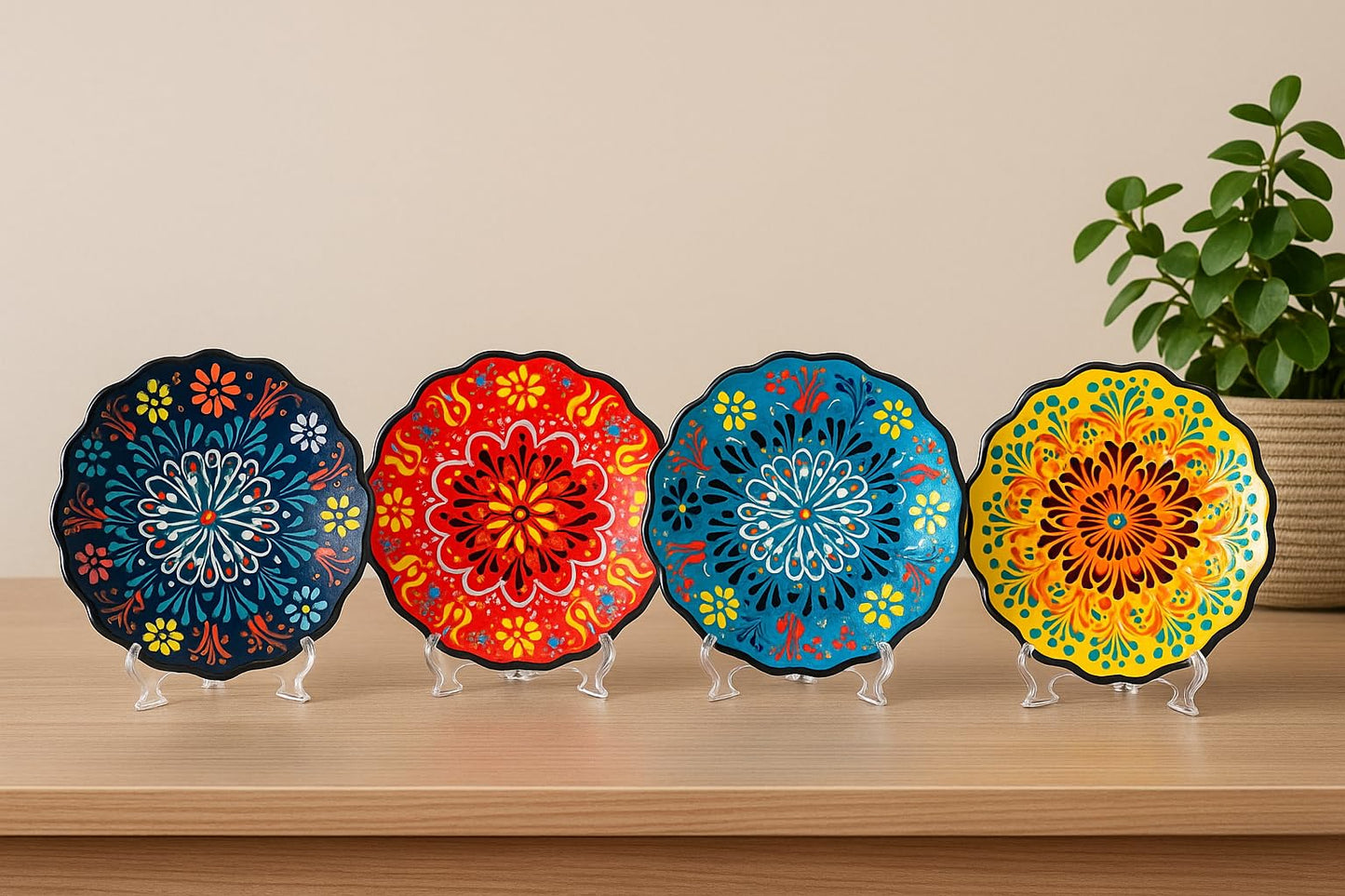 Ayennur 4-Piece 5-Inch Handmade Turkish Ceramic Plate Set – Wall & Table Decor & Jewelry/Ring Dish – Decorative Rings & Jewelry Tray Set