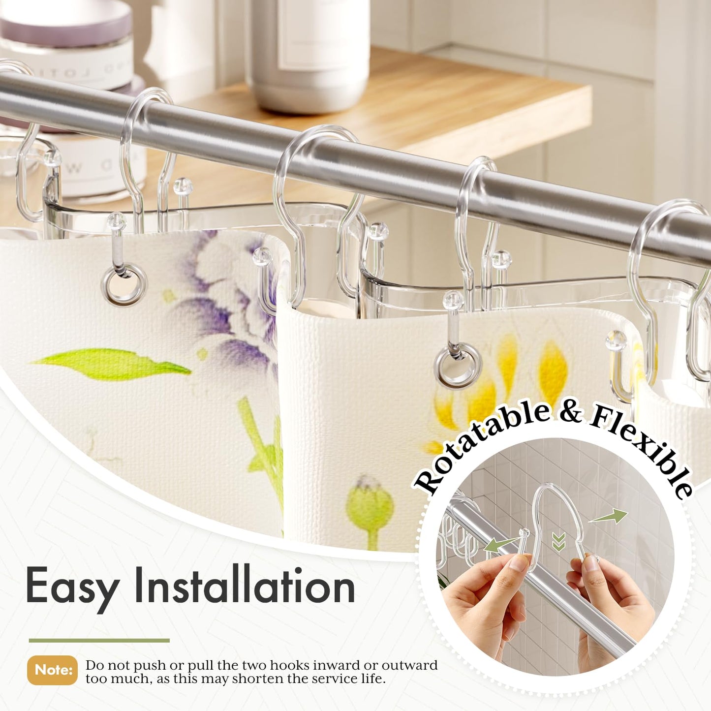 Bathway Shower Curtain Hooks, 12Pcs Plastic Shower Hooks for Shower Curtain, Clear Double Hook Shower Curtain Hooks Rust Proof Shower Curtain Hangers