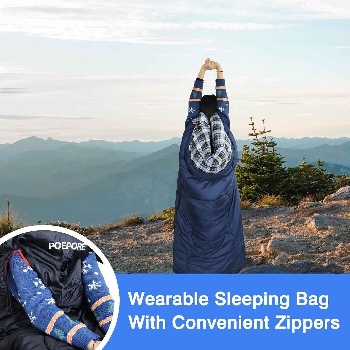 POEPORE Flannel Sleeping Bag Cotton 0 Degree Cold Weather for Adults XXL Wearable Sleeping Bag 4 Seasons Waterproof with Compression Sack Blue_R