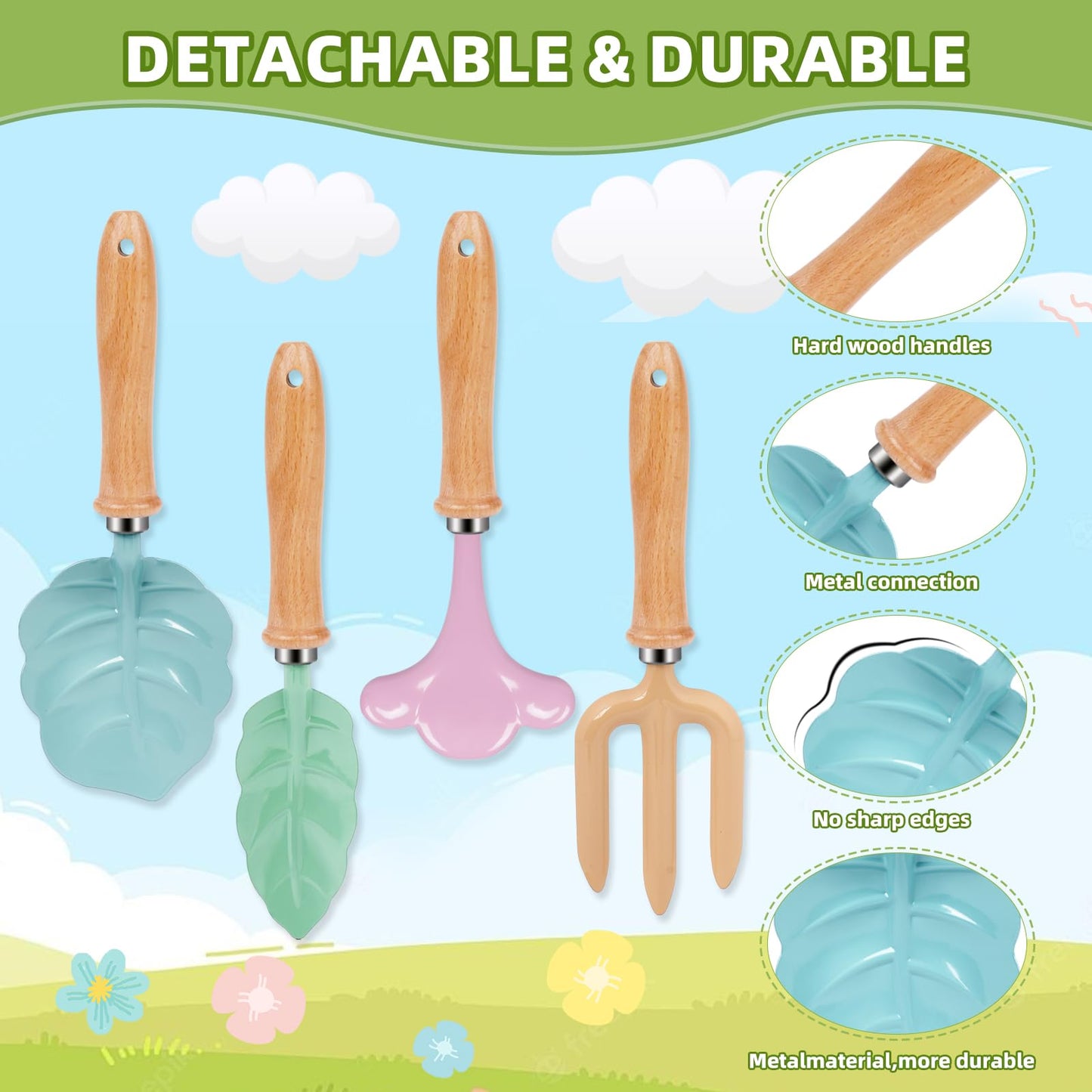 RayYunTustone Kids Gardening Tools Set - 4pcs, Outdoor Yard Digging Tools with Shovel Rake Leaf Rake, Summer Beach Backyard Play Kit, Ideal Outdoor Birthday Gift for Boys & Girls 2 3+ Years