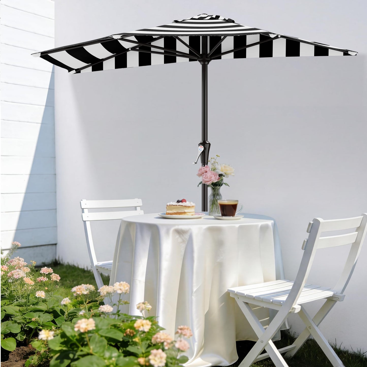 AreShark 9FT Half Patio Umbrella, Outdoor Wall Umbrella with Crank & 5 Sturdy Ribs, Table 1/2 Umbrella Patio for Garden, Deck, Balcony and Pool, Black & White Stripe