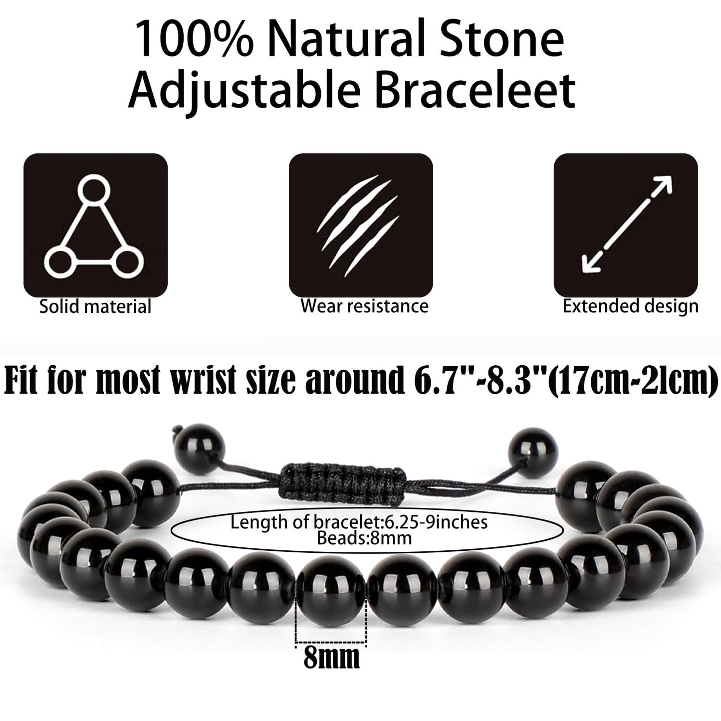 QOGIR Handmade Healing Stones Bracelet,8mm Natural Black Tourmaline Gemstone Beads Bracelet,for Men Women Gifts with 2PCS Size Adjustable Rope Bracelets