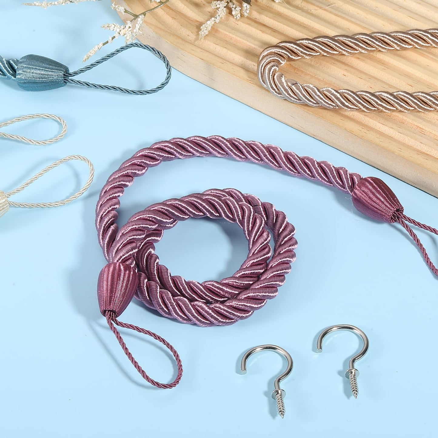 uxcell 2 Pack Curtain Tiebacks, 75cm/29.5" Braided Drapery Holdback Holder Decorative Rope Tie Back with Metal Screw Hooks for Home Office Decor, Gray Blue