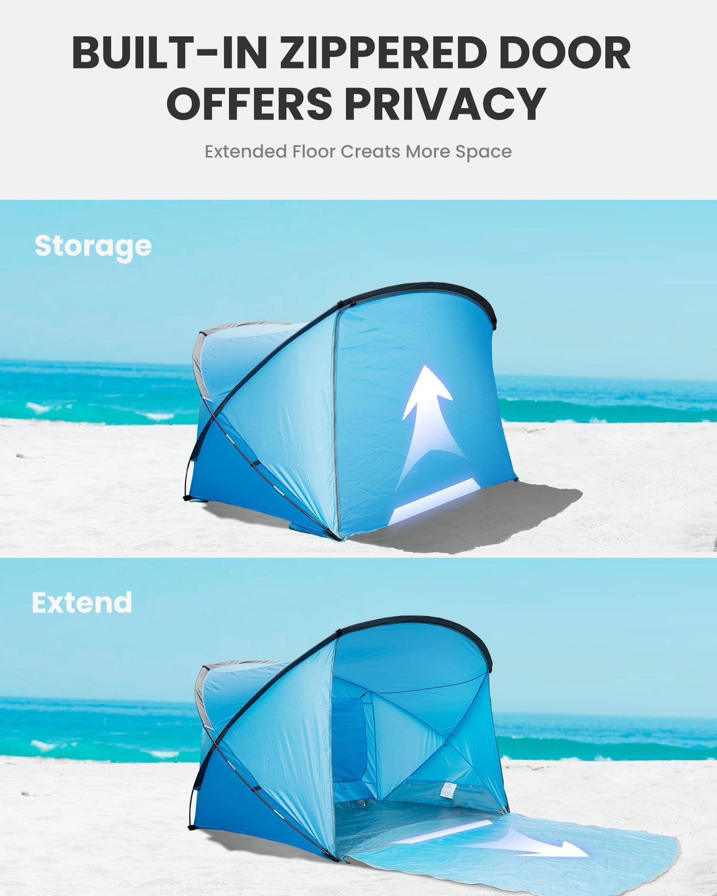 OutdoorMaster Updated Beach Tent for 3-4 Person - Easy Setup and Portable Beach Shade Sun Shelter Canopy with UPF 50+ UV Protection Removable Skylight Family Size -Sky Blue