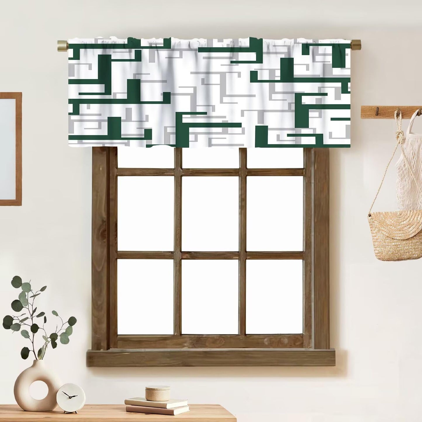 ZhiRain Green and White Valance Curtain Geometric Modern Spa Rod Pocket Valance Window Treatments Short Curtains for Kitchen Bathroom Farmhouse Living Room Bedroom Decor 54x18inch