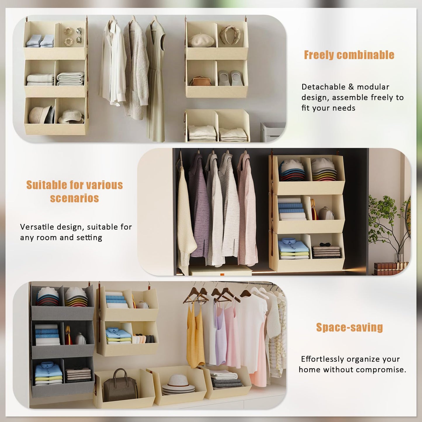 WHEEXIAG Hanging Closet Organizer, Closet Organizers and Storage, Hanging Closet Organizer Extra Large - Fabric Closet Hanging Organizer for Home, Dorm, Rv,Handbags, Underwear, Sock. Beige - 1 Pack