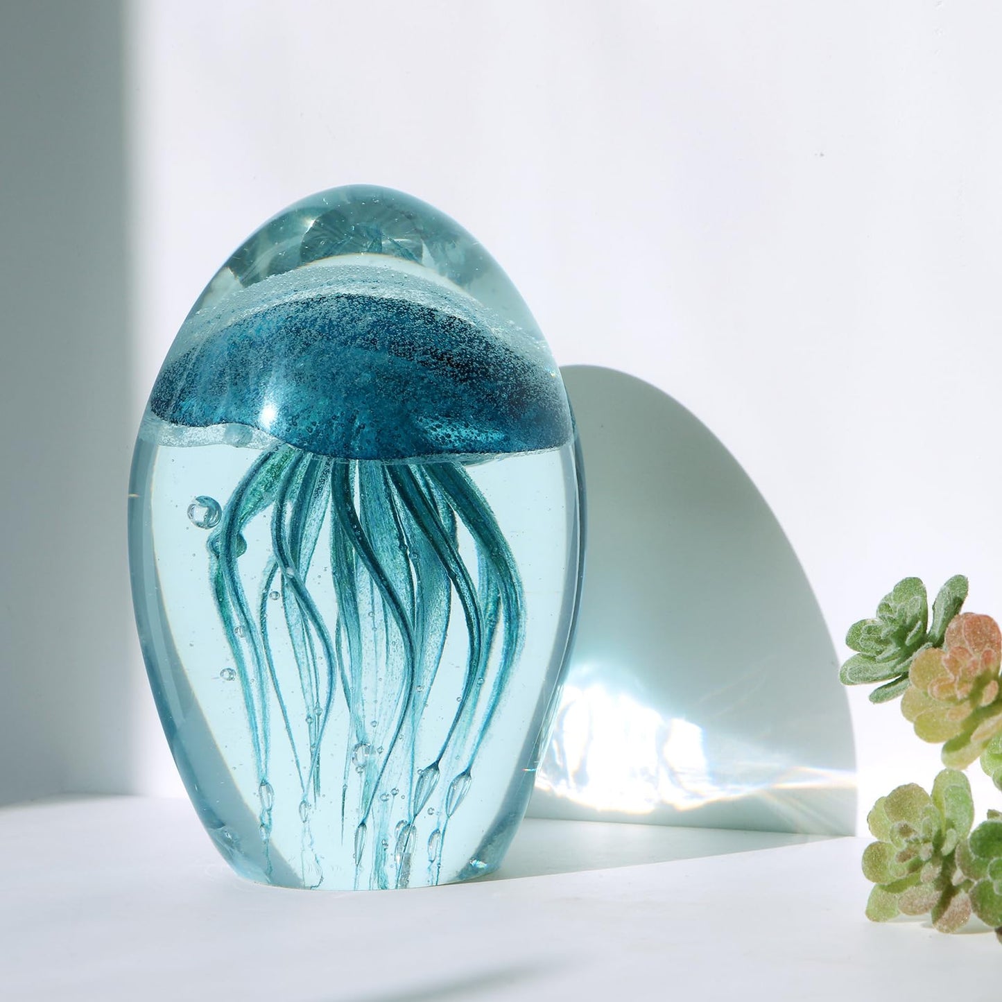 Sanbege Hand Blown Glass Jellyfish Figurine, Glow in The Dark Paperweight, Collectible Sea Creature Statue Decor for Home, Office, Party Decoration and Gift (Turquoise)