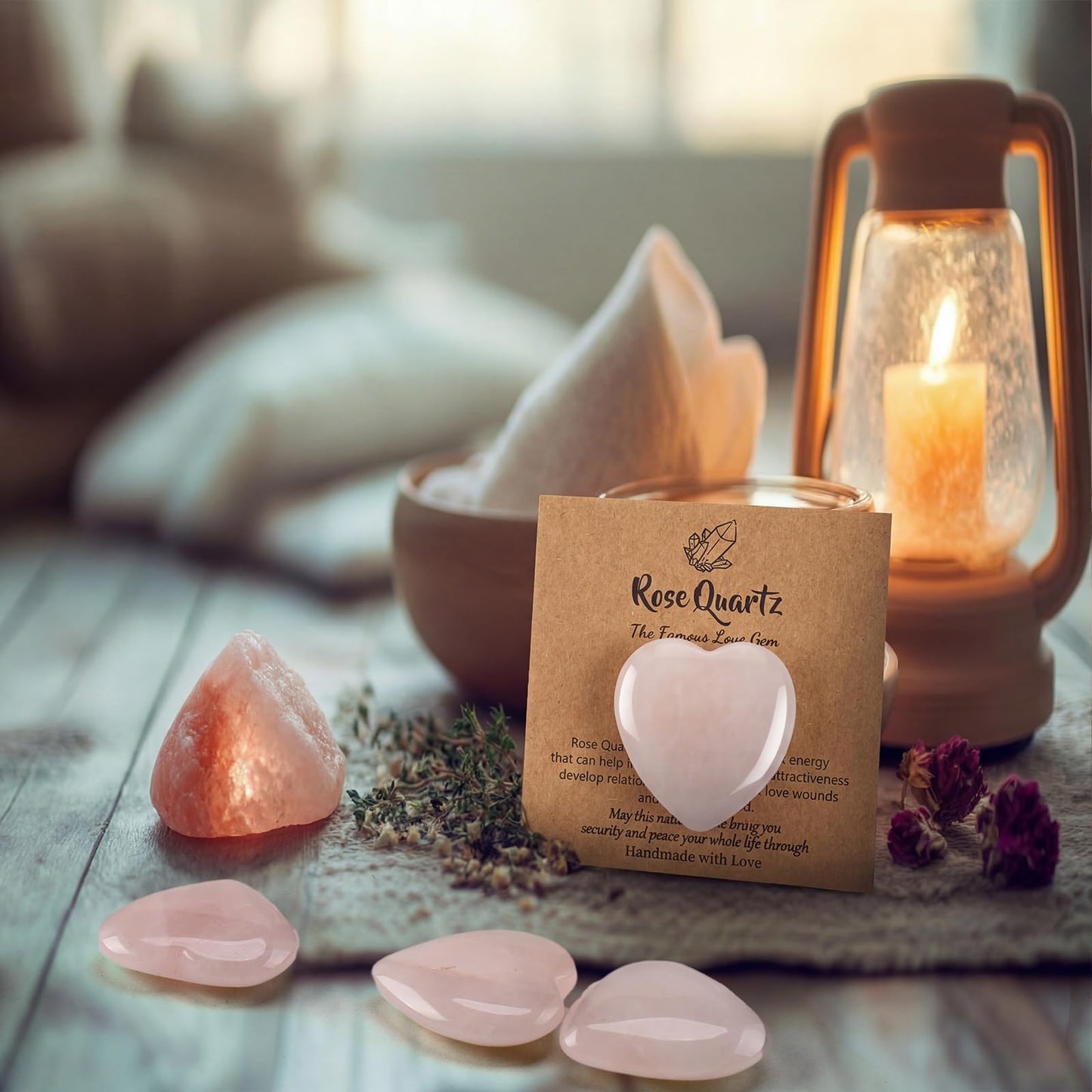 YooNotee 32 Pack 1.2 Inch Rose Quartz Heart Crystal Pink Heart Shaped Stones Gift Set Bulk 16 Pcs Crystal Gemstone Crystals Rock with 16 Pcs Cards for Men Women