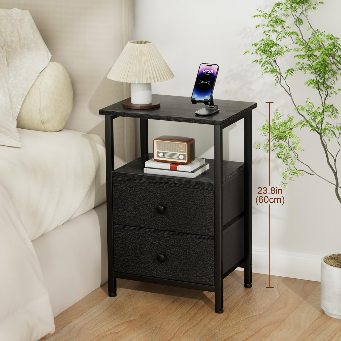 LOAKEKEL Night Stand, Nightstand with 2 Fabric Drawers for Bedroom, Small End Table with Open Storage Shelf for Living Room, Bedisde Table for Apartment, Black, HETS002BK-1