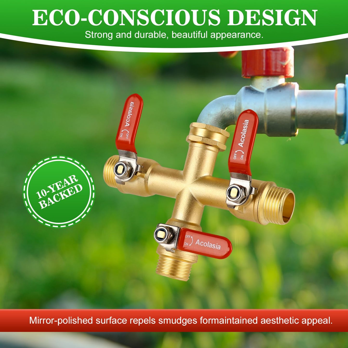 Hose Splitter 3 Way Heavy Duty Brass Garden Hose Splitter with 304 Stainless Steel Long Handle Outdoor Full Flow Hose Splitter Connector, 3/4" GHT Thread