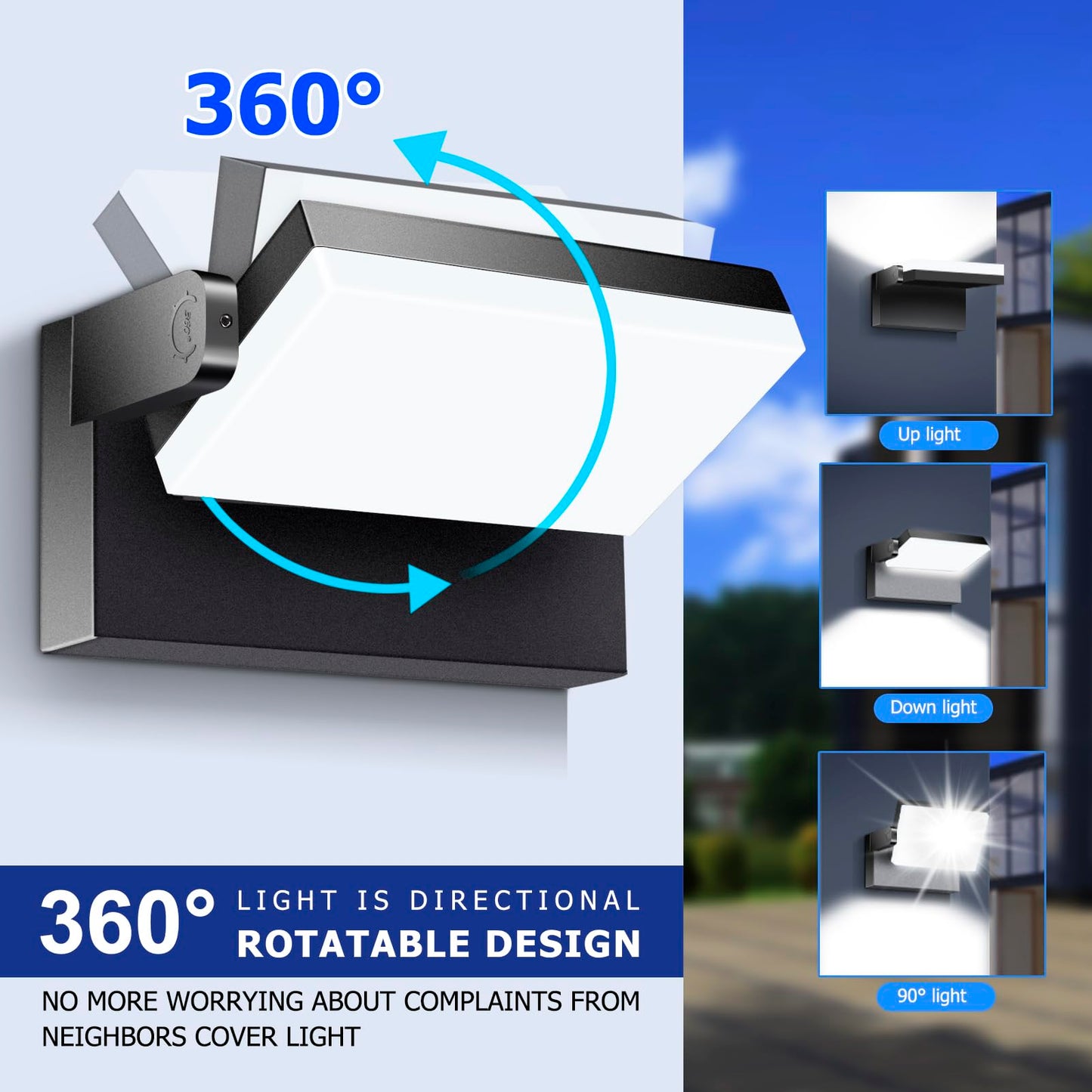 rosykite 3CCT LED Outdoor Wall Lights, 4800LM, 360° Adjustable, 3 Color Modes, IP66 Waterproof, Security Wall Pack Flood Lights for Garage, Porch, Patio, Black