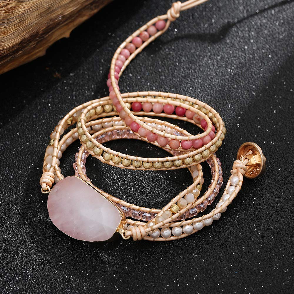 Plumiss Women Rose Quartz Wrap Bracelets Handmade Natural Stone Bead Crystal Hematite Mixed Strand Bracelet Jewelry