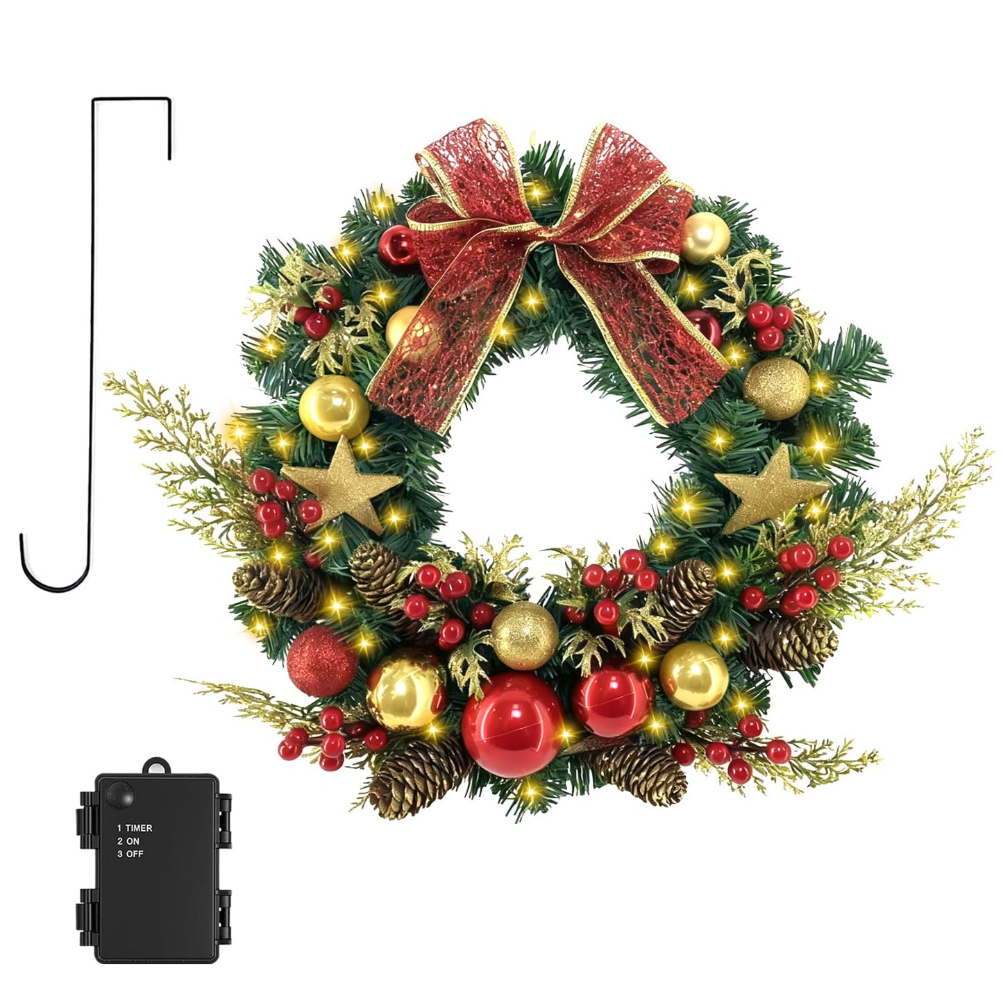 TXRXIZ 16 Inch Pre-Lit Christmas Door Wreath with Timer & Hanger & 50LED Warm Lights, Decor with Bow & Golden Ball & Star ect., Artificial Christmas Wreath for Door & Window & Fireplace