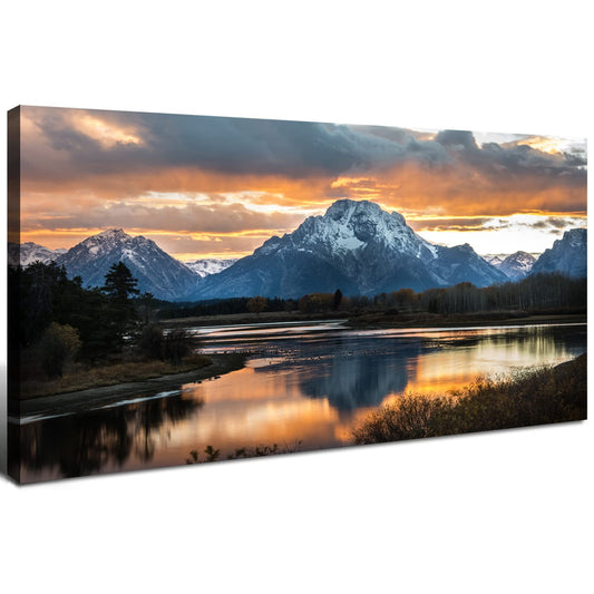 Sunset Mountain Wall Art for Living Room Nature Grand Teton Landscape Canvas Wall Decor National Park Wall Art Oxbow Bend Snake River Scenery Wyoming Painting Artwork Office Home Decoration 20x40"