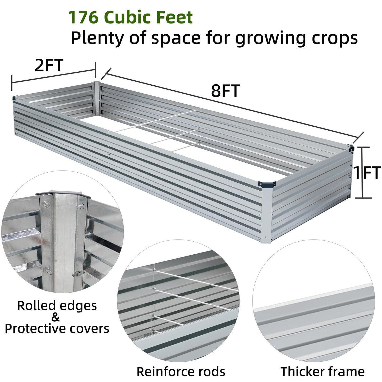 Meberam 2 Pack 8x2x1FT Galvanized Raised Garden Beds Kit Outdoor Metal Gardening Planter Box for Vegetable Elevated Flower Herbs,Silver
