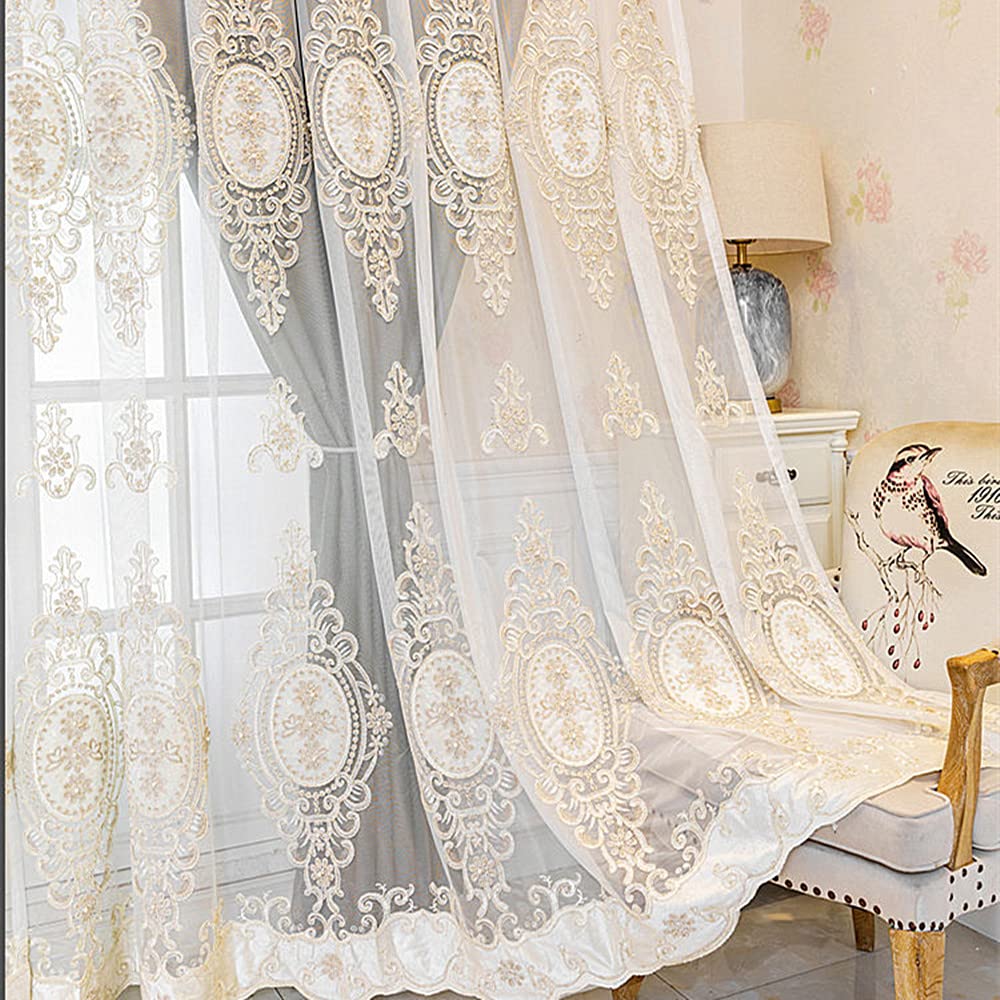 Amidoudou 1 Pair Luxury 3D Flower Embroidered Curtains for Bedroom European Double Layer Curtains with Valances for Living Room (Grey,52x84 Inch)