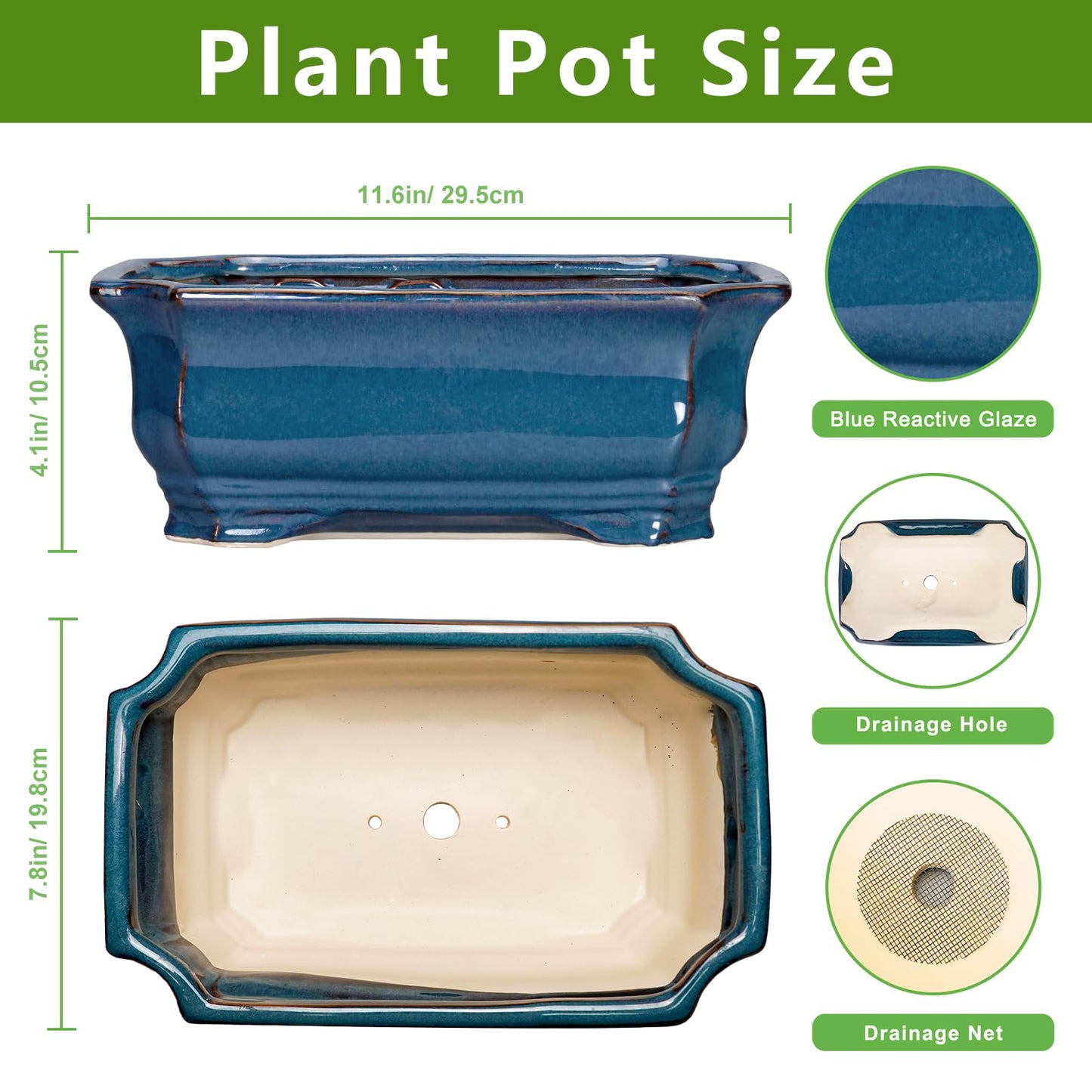 Teagas Bonsai Pots 11.6 Inch - Ceramic Succulent Pots with Drainage Hole, Rectangular Planter for Indoor Outdoor, Decorative Ceramic Flower Pot, Home Garden Room Decor, Plant Lover Gifts, Retro Blue