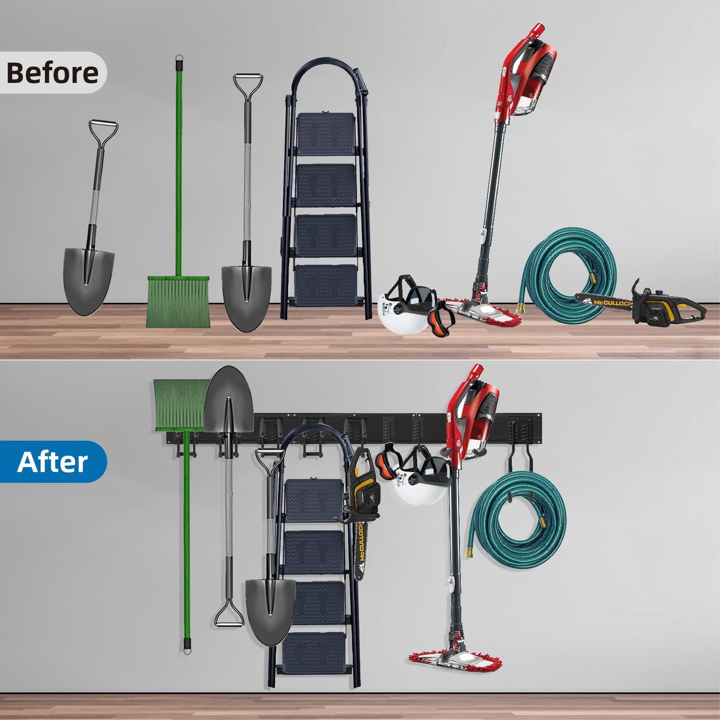 Sinoer Heavy Duty Steel Garage Wall Mount Garden Tool Organizer with 9 Adjustable Metal Hooks and 2 Straps, for Garden Tools, Chairs, Brooms, Mops, Rakes, Shovel