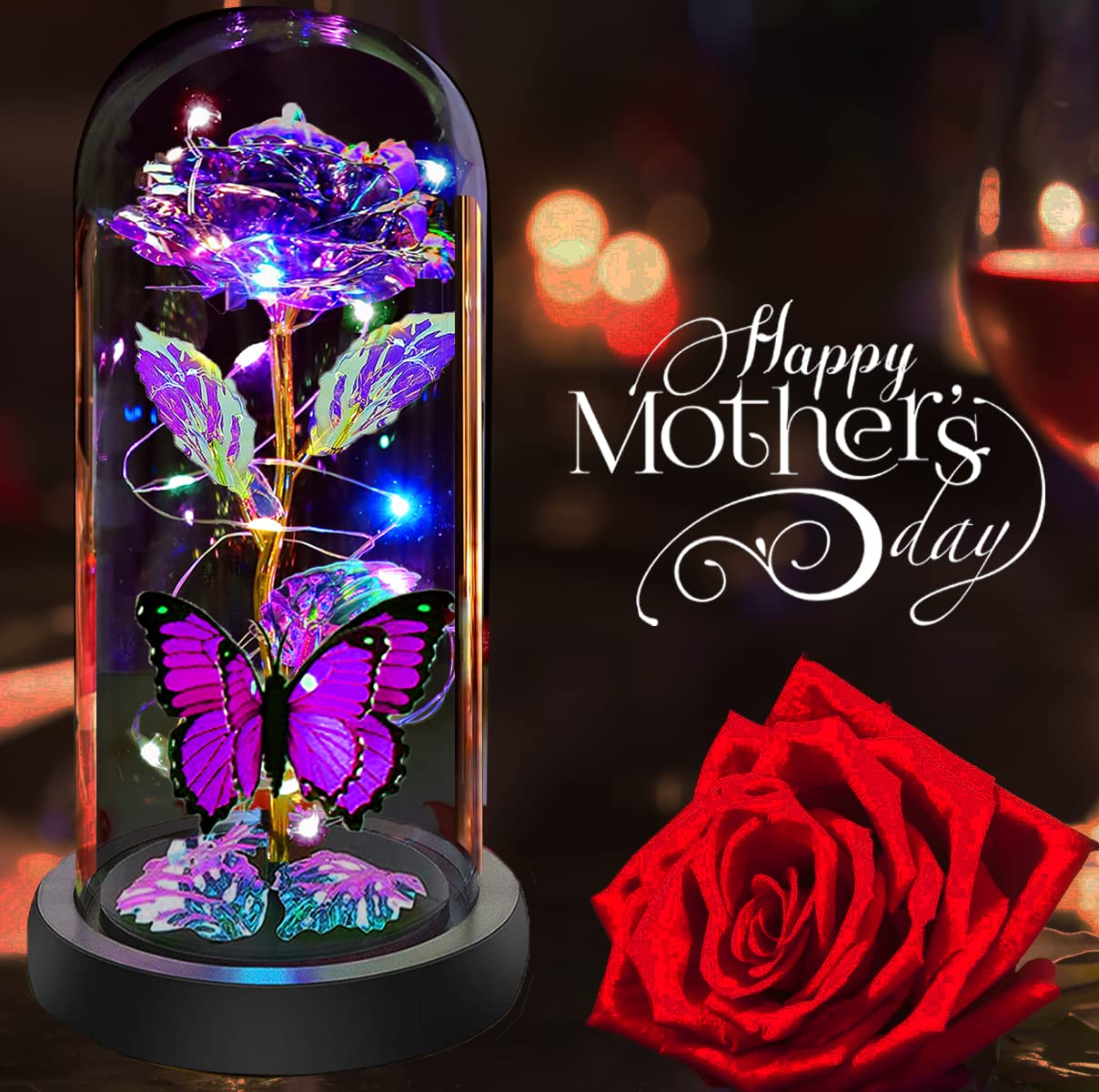 Mothers Day Rose Flower Gifts for Mom, Birthday Gifts for Women, Galaxy Crystal Light Up Rose Flowers in A Glass Dome, Mother Day Presents Wife Grandma Sister Her Mom from Daughter Butterfly Purple