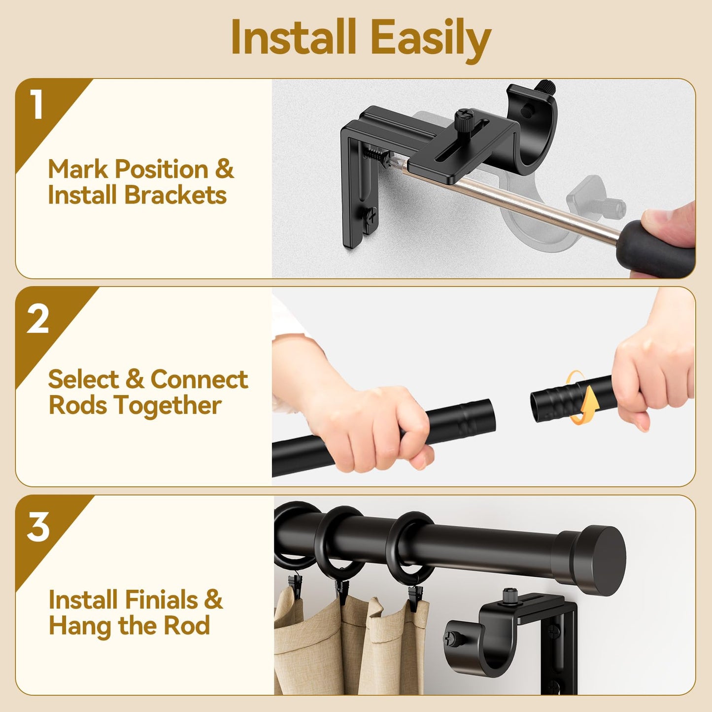 YaFex Curtain Rods 32-144 Inch, Heavy Duty 1 Inch Adjustable Curtain Rod for Windows, Black Extra Long Window Treatment Rods, Modern Design, Easy Installation