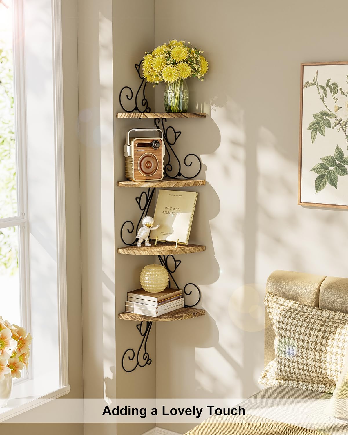 Alsonerbay Wall Mount Corner Shelves 4 Tier Floating Corner Storage Wood Shelves Decorative Rustic Radial Shelf in Cat Shape Carbonized Black
