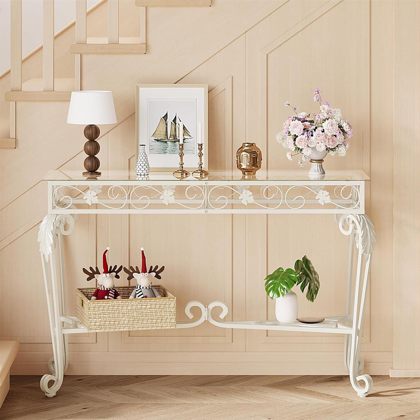 HavenlyYouth Console Table 47.2", Tempered Glass Sofa Table with Metal Frame, Console Tables for Living Room, Entryway, Hallway, Foyer, Adjustable Feet (White)