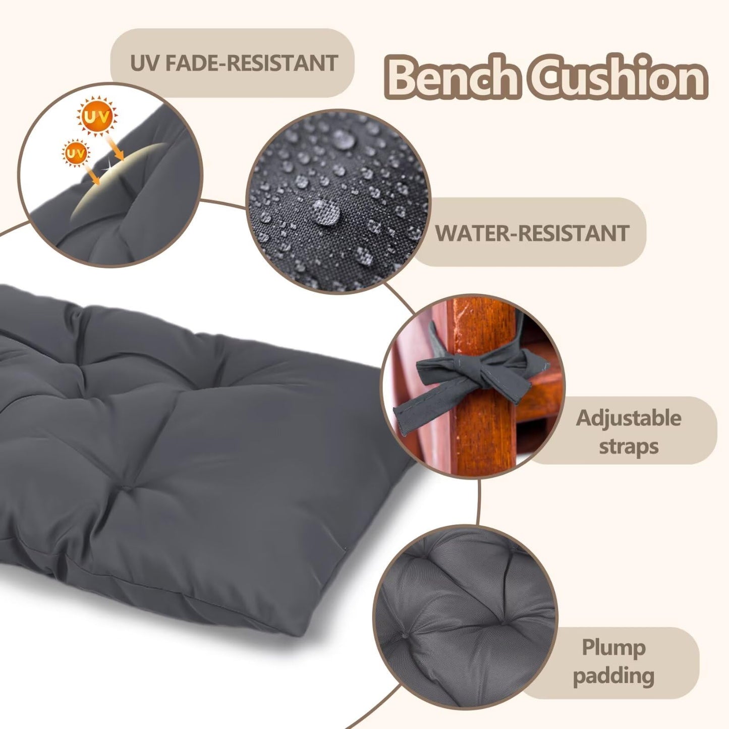 Yddsky Waterproof Indoor/Outdoor Garden Bench Seat Cushions，Thicken Patio Bench Soft Rocking Chairs Pad Lounger Seat for Wicker Loveseat Settee（59 X 19.6 in，Dark Gray）