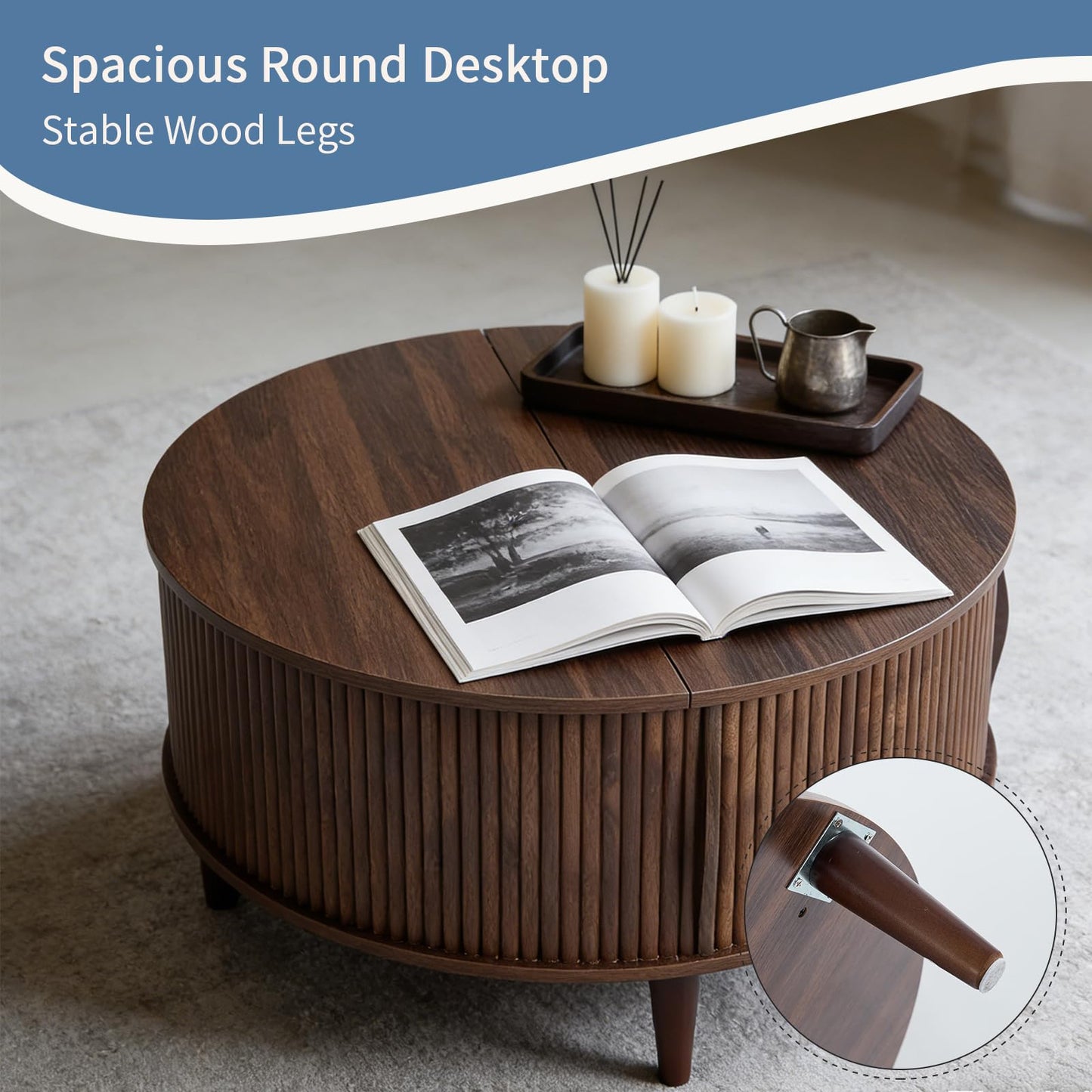 DUMOS Coffee Table, Round Coffee Tables with Storage, Fluted Center Table for Living Room, 31.69" Mid Century Modern Table with Sliding Cabinet Door, 2-Tier Rustic Wood Desktop, Brown