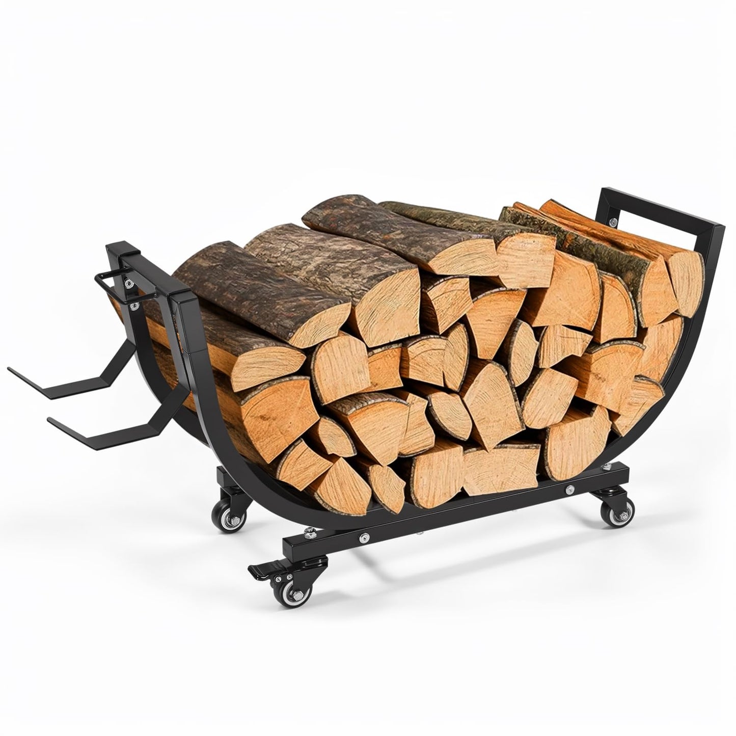 Freudeere 34 Inch Firewood Rack Outdoor Indoor with Handle and Lockable Wheels, Stable Metal Wood Rack Heavy Duty Log Holder for Fireplace Patio Deck, Rustproof Firewood Storage Organizer Tool
