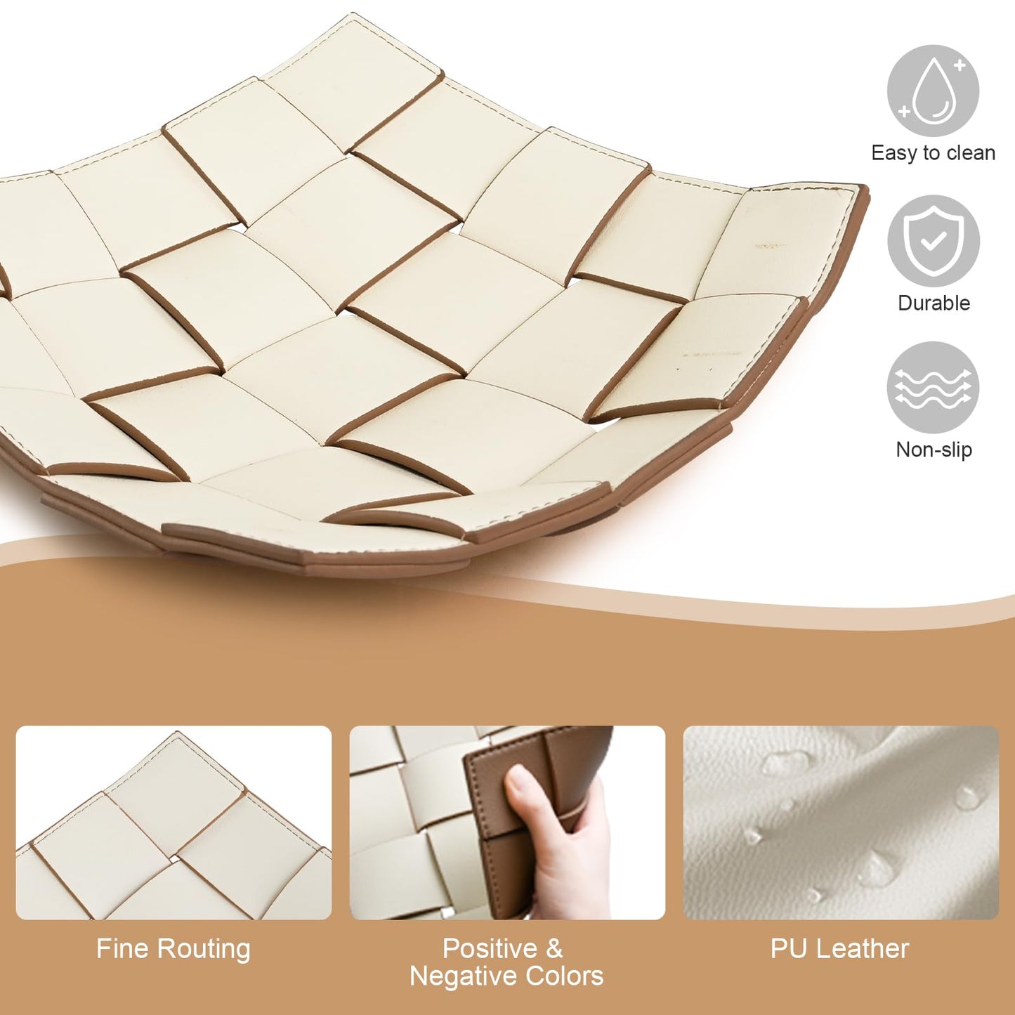 Valet Tray PU Leather Key Bowl for Men Women Entryway Table Nightstand Catchall EDC Dump Tray for Wallet, Keys, Jewelry Men's Gift - Coffee & White, 9.8" L x 9.8" W x 2" H