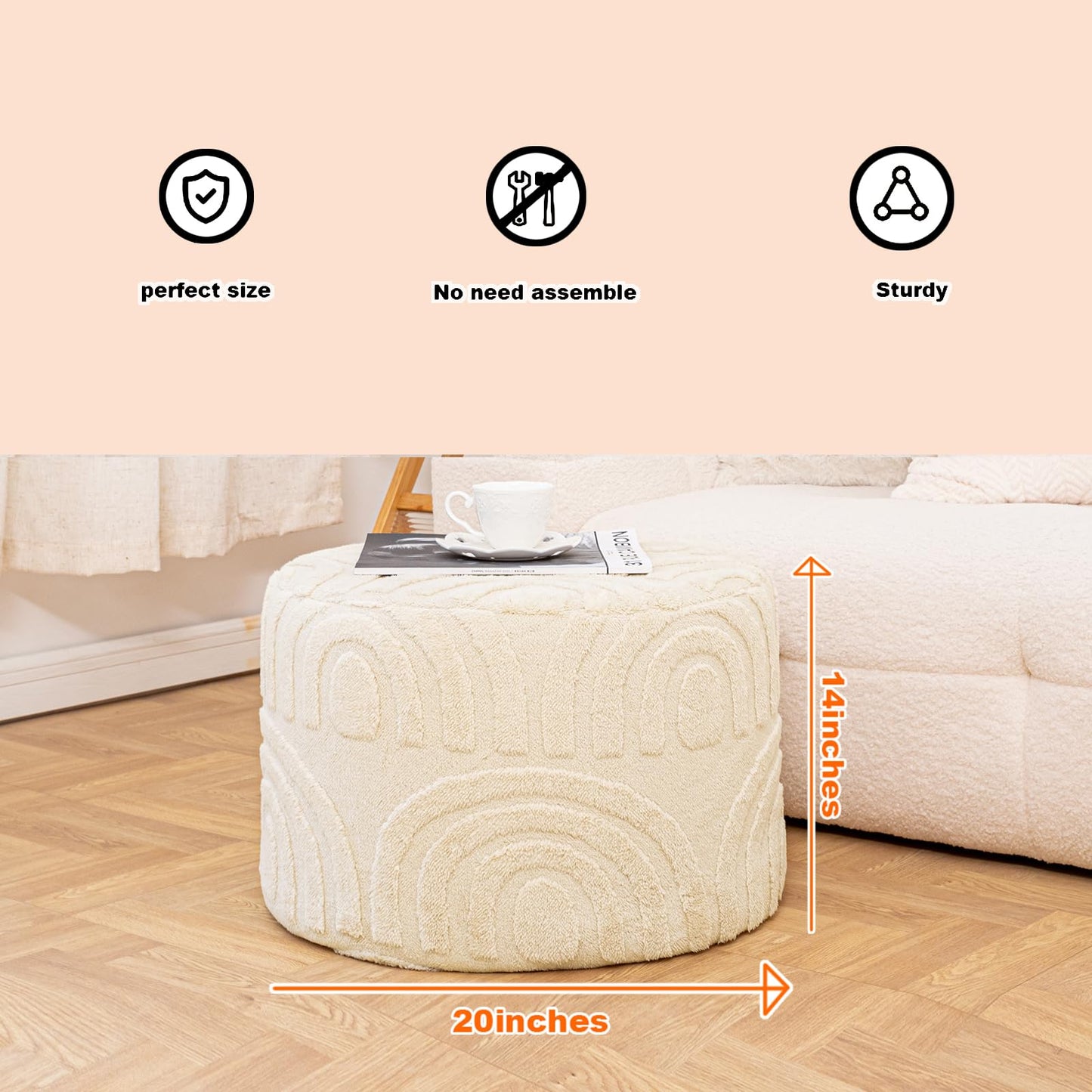 Asuprui Plush Fabric Ottoman Footrest – 20"x14" Soft Foam Pouf with Removable Cover Perfect for Living Room, Bedroom & Dorm(Linen)