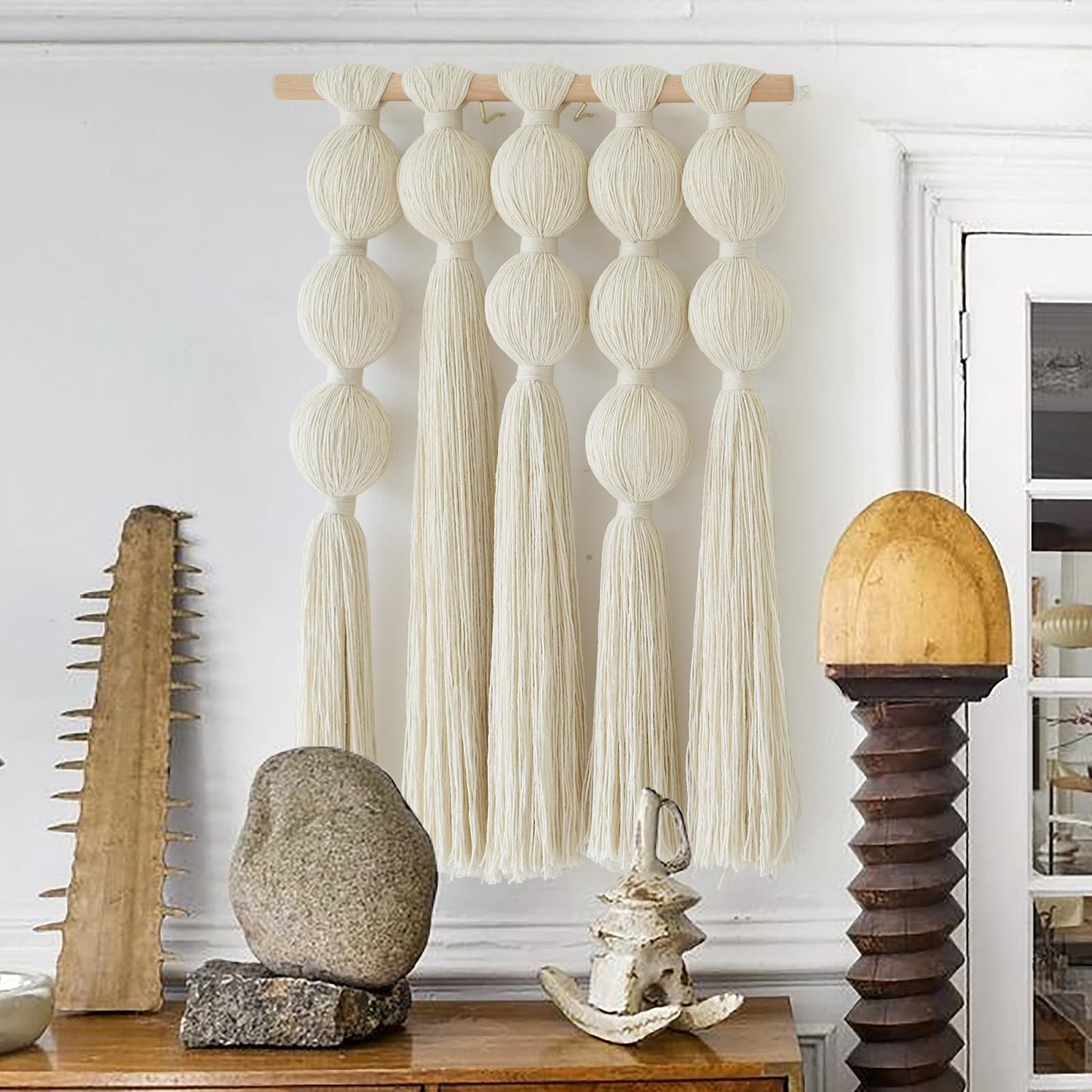 Flber Macrame Wall Hanging with Geometric Yarn Spheres, Handwoven Cotton Tassel Art for Boho Bedroom or Living Room Wall Decor 15.7" W x 19.6" L