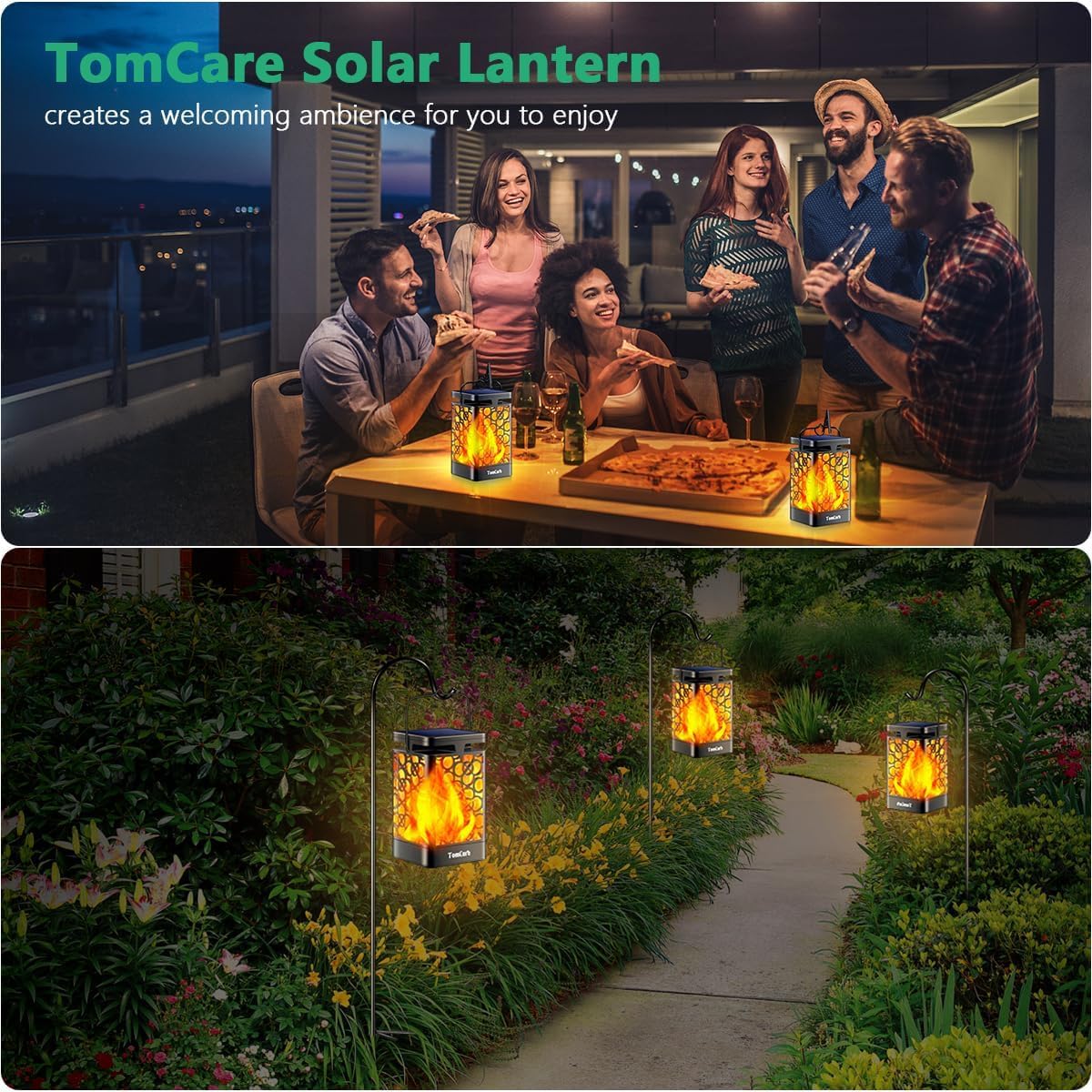 TomCare Solar Lanterns Outdoor Upgraded Flickering Flame Waterproof Hanging Lanterns Decorative Solar Powered LED Lights for Garden Patio Deck Yard, 2 Pack