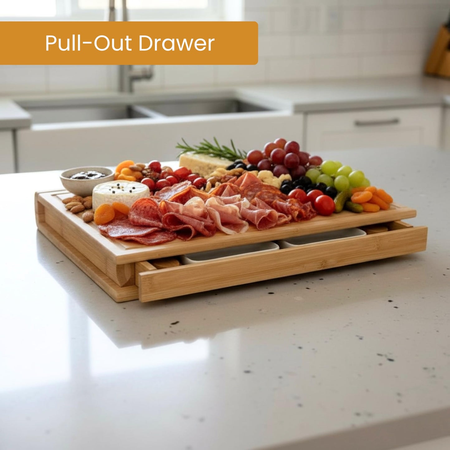 The Cheese Chapter | 100% Bamboo | Book-Inspired Charcuterie & Cheese Board | Hidden Slide-Out Drawer with Utensils & Plates | Statement Kitchen Display Piece