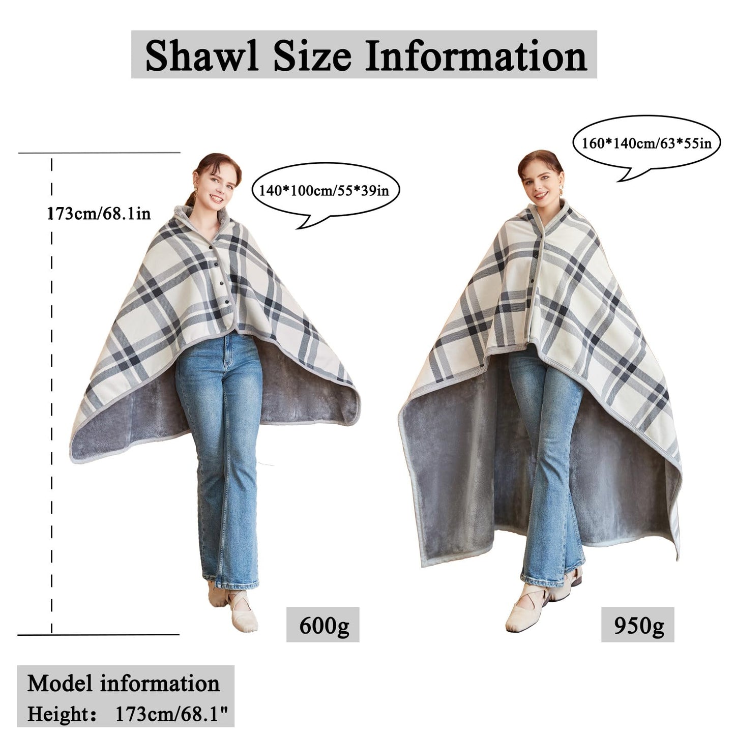 forestfish Fleece Wearable Blanket, Plaid Lap Blanket Comfy Poncho Throw with Buttons for Bed Sofa Office, Grey-White