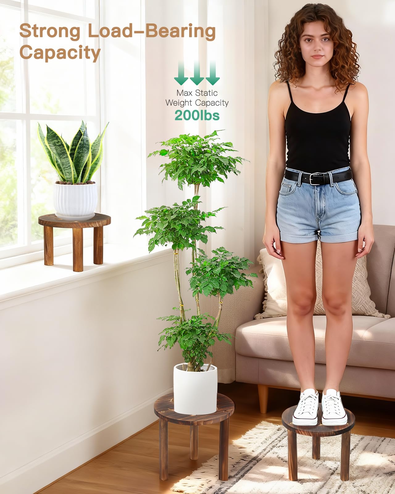 Jotboom 3-Pack Wooden Plant Stand Indoor, Mid Century Plant Stands for 6-11 Inch Pots, Modern Plant Stool for Large Plants, Heavy Duty Tall Plant Holder for Small Apartment Living Room Balcony Office
