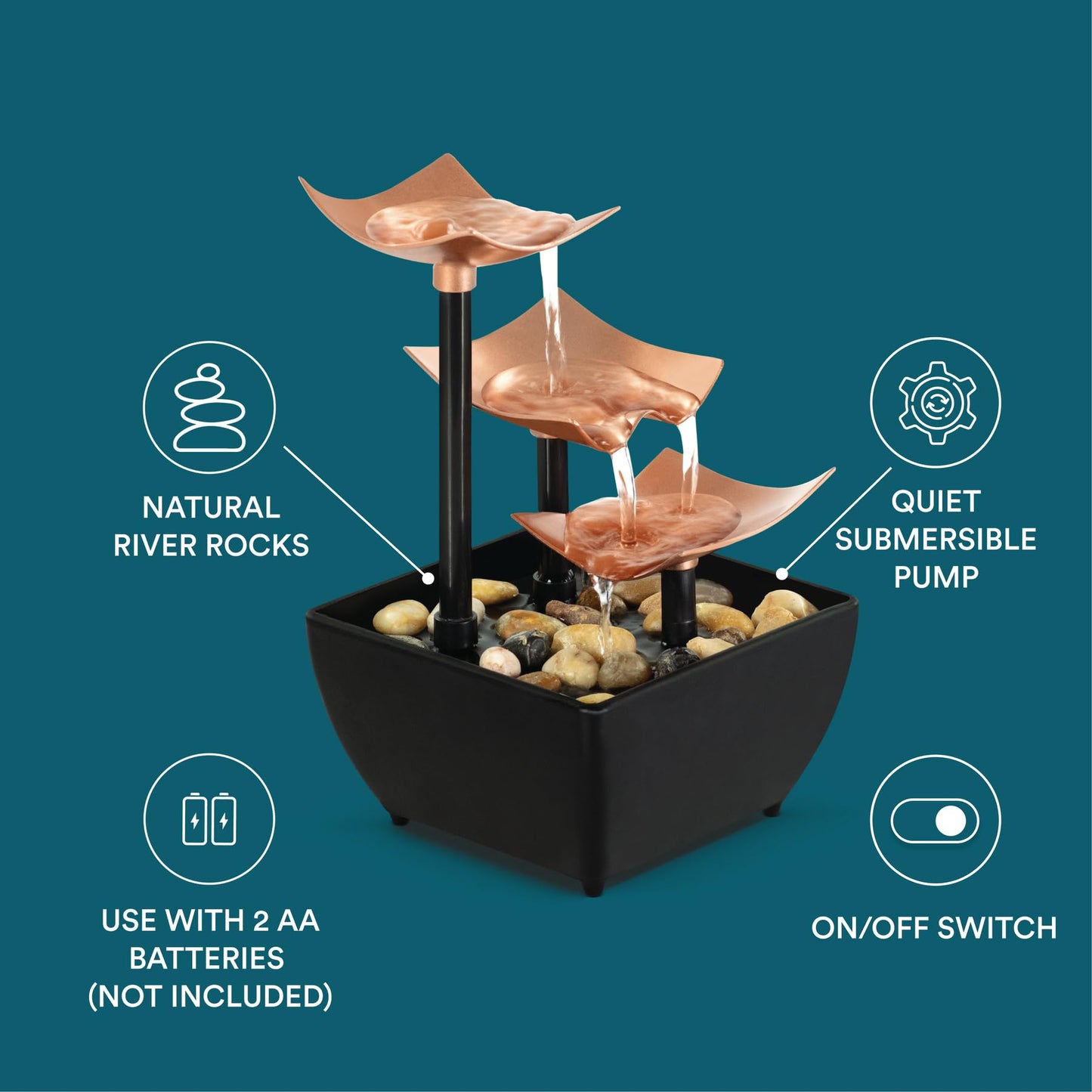 Homedics Tabletop Water Fountain, 3 Tier Indoor Waterfall Fountain with Natural River Rocks, Quiet Pump for Relaxation, Zen Home & Office Desk Décor, AA Battery Powered