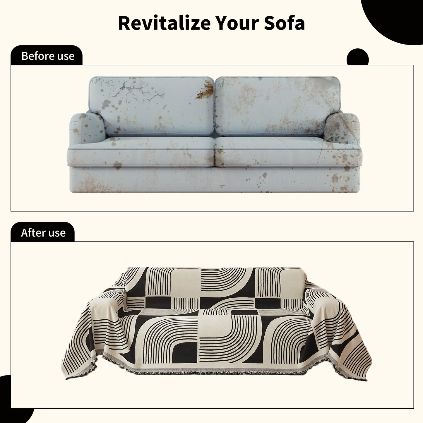 WEYOND Boho Couch Cover Sofa Covers Washable, Chenille Couch Covers for 3 Cushion Couch Sofa Pet Friendly, Bohemian Sofa Slipcovers for Sectional Sofa, Loveseat, 2 3 4 Seater (71" x 150", Black)
