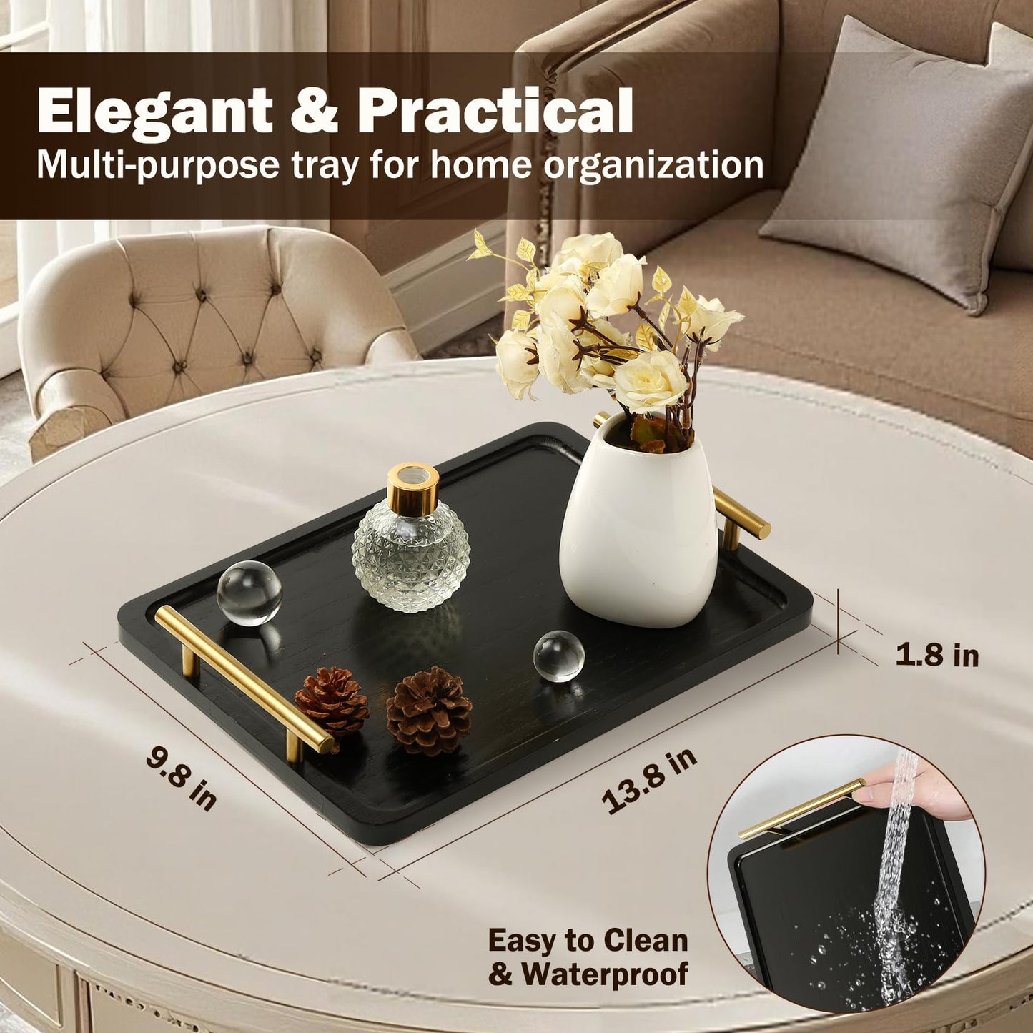 PEKER Wooden Serving Tray with Metal Handles, Black Decorative Coffee Table Tray for Breakfast in Bed, Ottoman & Home Décor, Wooden Food Tray for Kitchen, Living Room & Dining Table