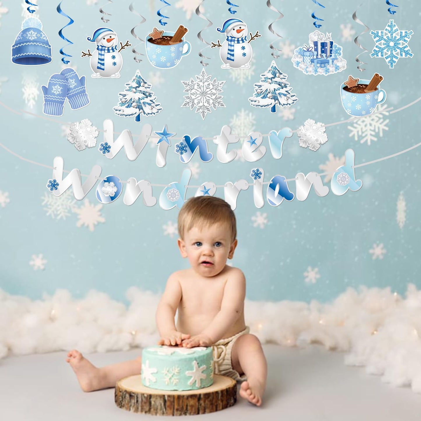 WEEPA 18 Pcs Winter Wonderland Decorations Snowman Snowflake Hanging Swirls Winter Party Banner Set Blue Silver Christmas Decorations