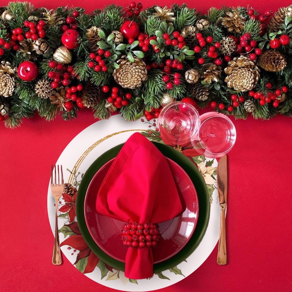 50 Pack Christmas Paper Placemats 13.7 Inch Xmas Poinsettia Disposable Round Place Mats Winter Red Green Table Mats for Holiday Christmas New Years Party Home Dinner Table Setting