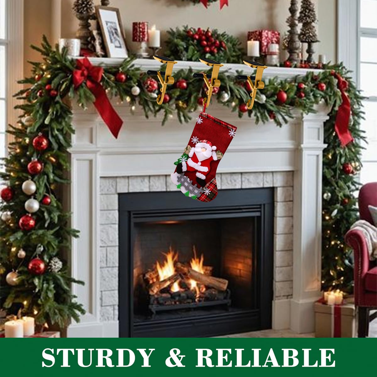 ATRGDUE Fireplace Stocking and Garland Hanger with Two Hooks,Adjustable Mantle Holder- Hold Christmas Decoration and Hang Garland-No Drill,Durable Wrought Iron Holds Up to 20 lbs(3Pcs,Gold)