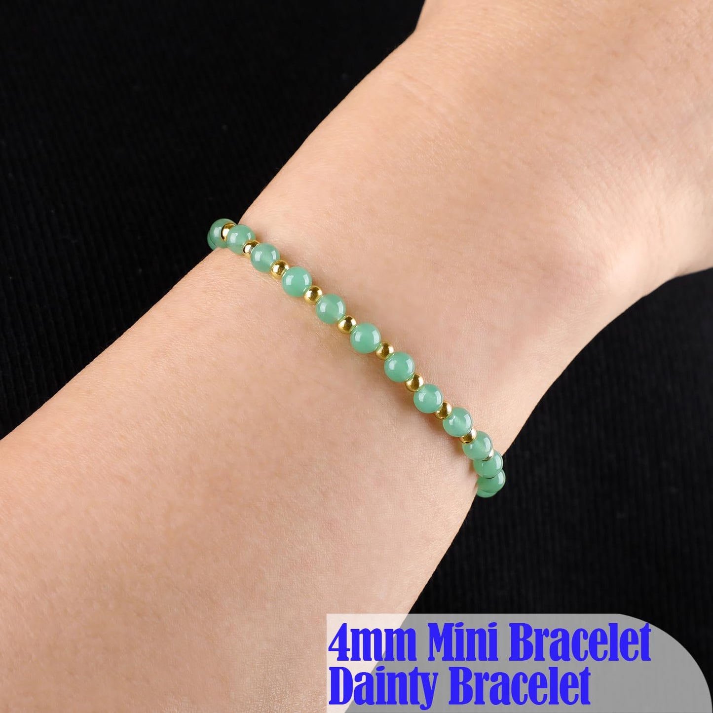 QOGIR Green Aventurine - Prosperity - 14K Gold Plated Beads Natural Gemstone Stretch Elastic Dainty Healing Beaded Bracelets Gifts 4mm