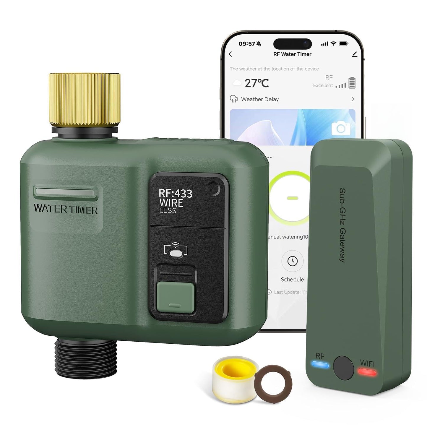 WiFi Water Timer for Garden Hose, Smart Sprinkler Controller with 984ft RF Range, Smart Lawn Watering System Irrigation Timer, APP/Voice Control, Rain Delay, Manual Irrigation (Brass Inlet)