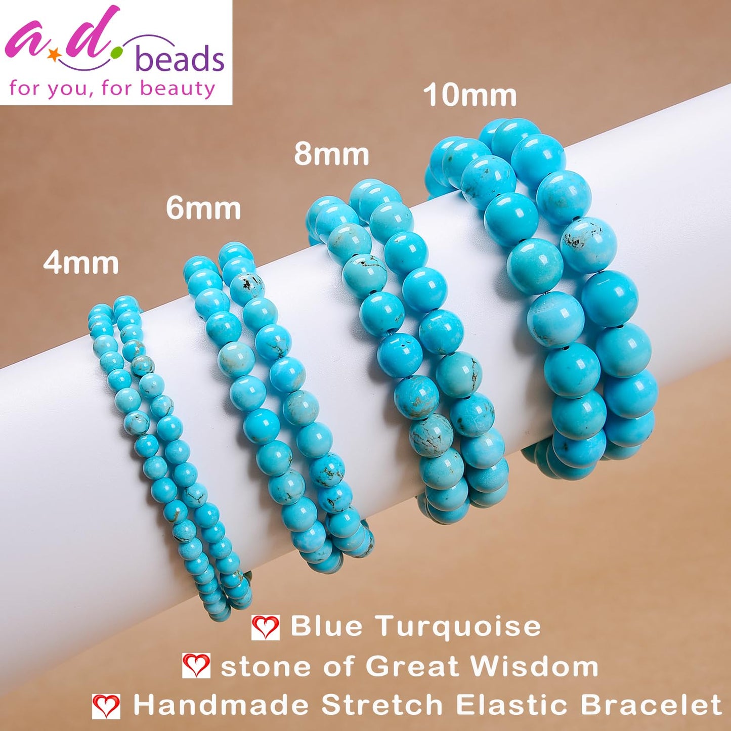 AD Beads Handmade Gemstone Stretch Elastic Bracelet Crystal Healing Reiki Nature's Beauty and Spiritual Essence Unisex (10mm, Blue Turquoise (Great Wisdom))